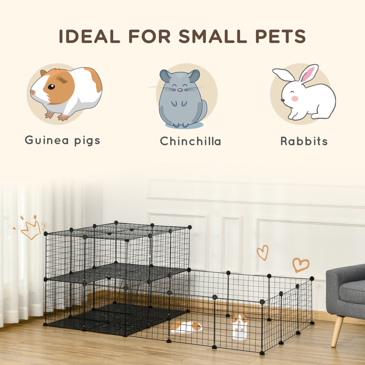 PawHut Pet Playpen with Door, Guinea Pigs Metal Mesh Cage for Small Animal, Chinchilla, 175 x 105 x 70 CM, Black