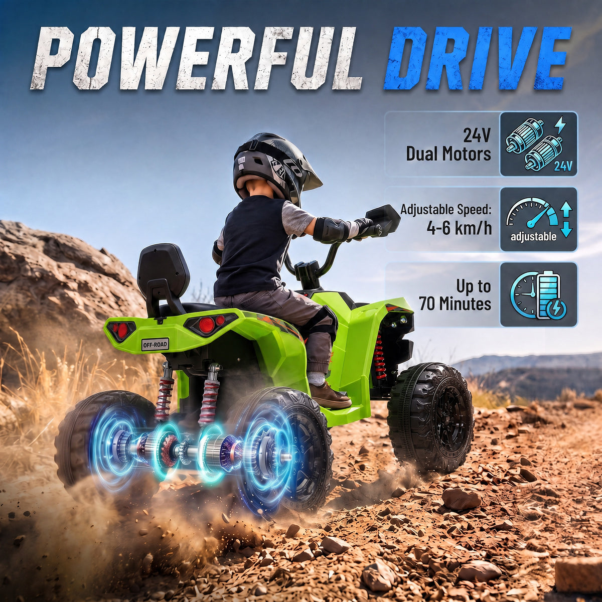 AIYAPLAY 24V 2 Seater Electric Quad Bike for Kids, Ride On Car ATV Toy w/ Forward Backward, for Boys Girls 3-8 Years, Green