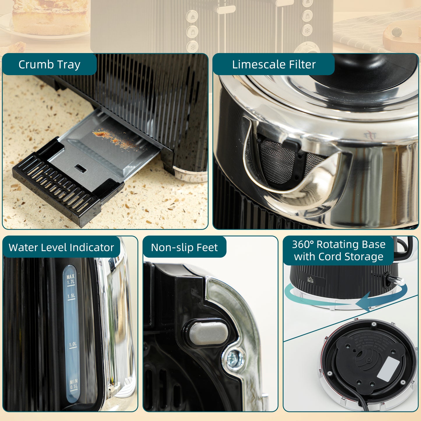 HOMCOM Electric Stainless Steel Kettle and Toaster Set, 3000W 1.7L UK Strix Thermostat Fast Boil Kettle w/ Limescale Filter, Cool Touch Body, 4 Slice Toaster with 7 Browning Levels, Crumb Tray, Black