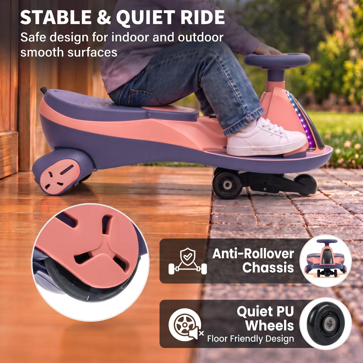 AIYAPLAY 12V Electric Wiggle Car, 2-In-1 Kids Ride On Toy with 2 Speeds, Soft Start, PU Wheels, RGB Lights, Up to 60 kg, Pink