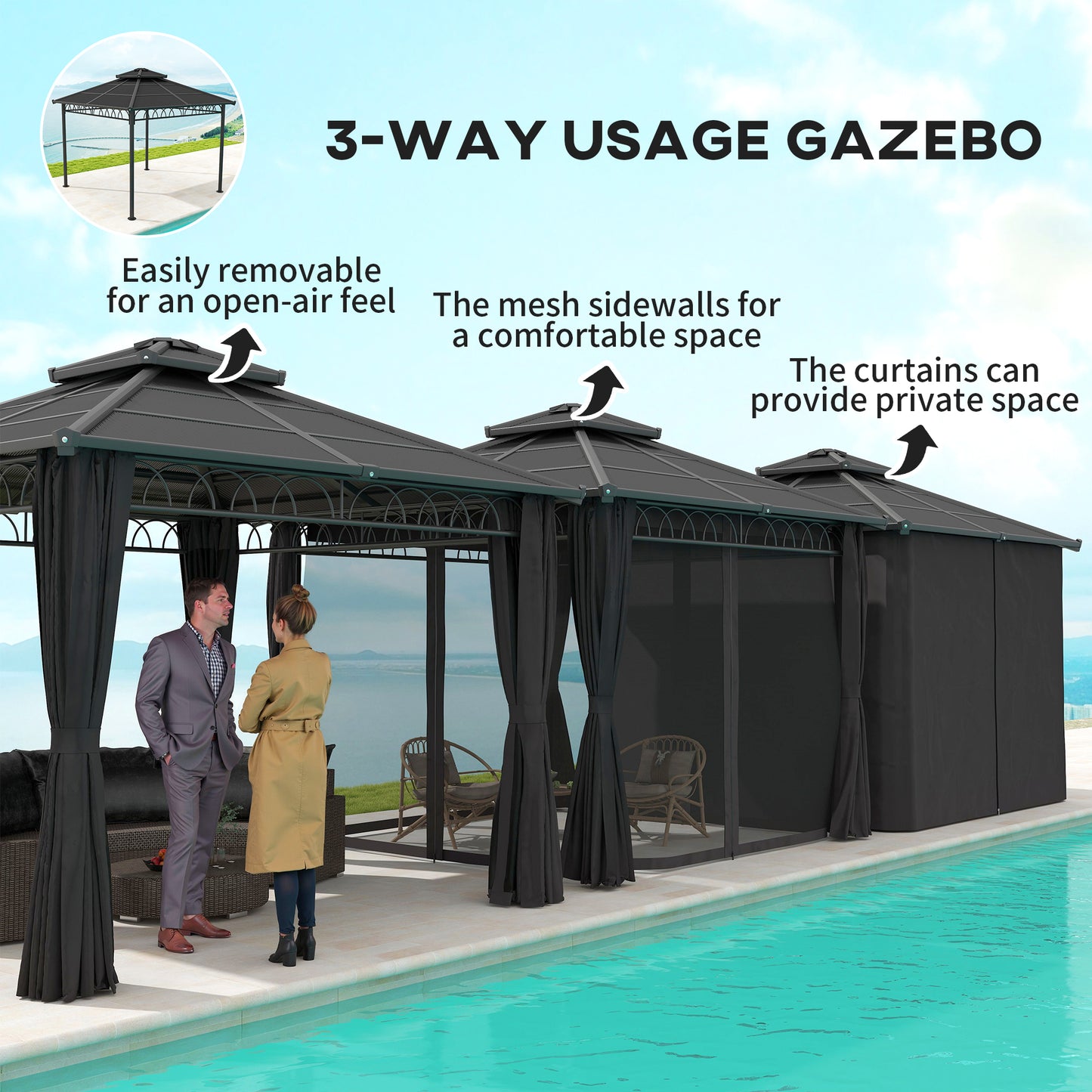 Outsunny 3 x 3 (m) Outdoor Polycarbonate Gazebo, DoubleÂ Roof Hard Top Gazebo withÂ Galvanised Steel Frame, NettingsÂ &Â Curtains for Garden, Lawn, Patio and Deck, Dark Grey