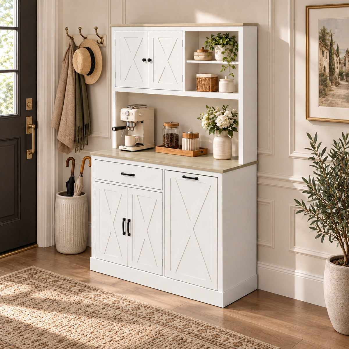 HOMCOM Pantry Cabinet with Charging Station, Microwave Stand, Rubbish Bin Cabinet, Adjustable Shelves, Barn Style Doors, White