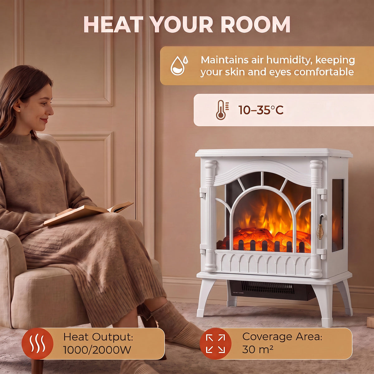 HOMCOM 3-Sided Glass Electric Fire Fan Heater, Electric Fireplace Stove Freestanding Log Burner with Flame Effect, White
