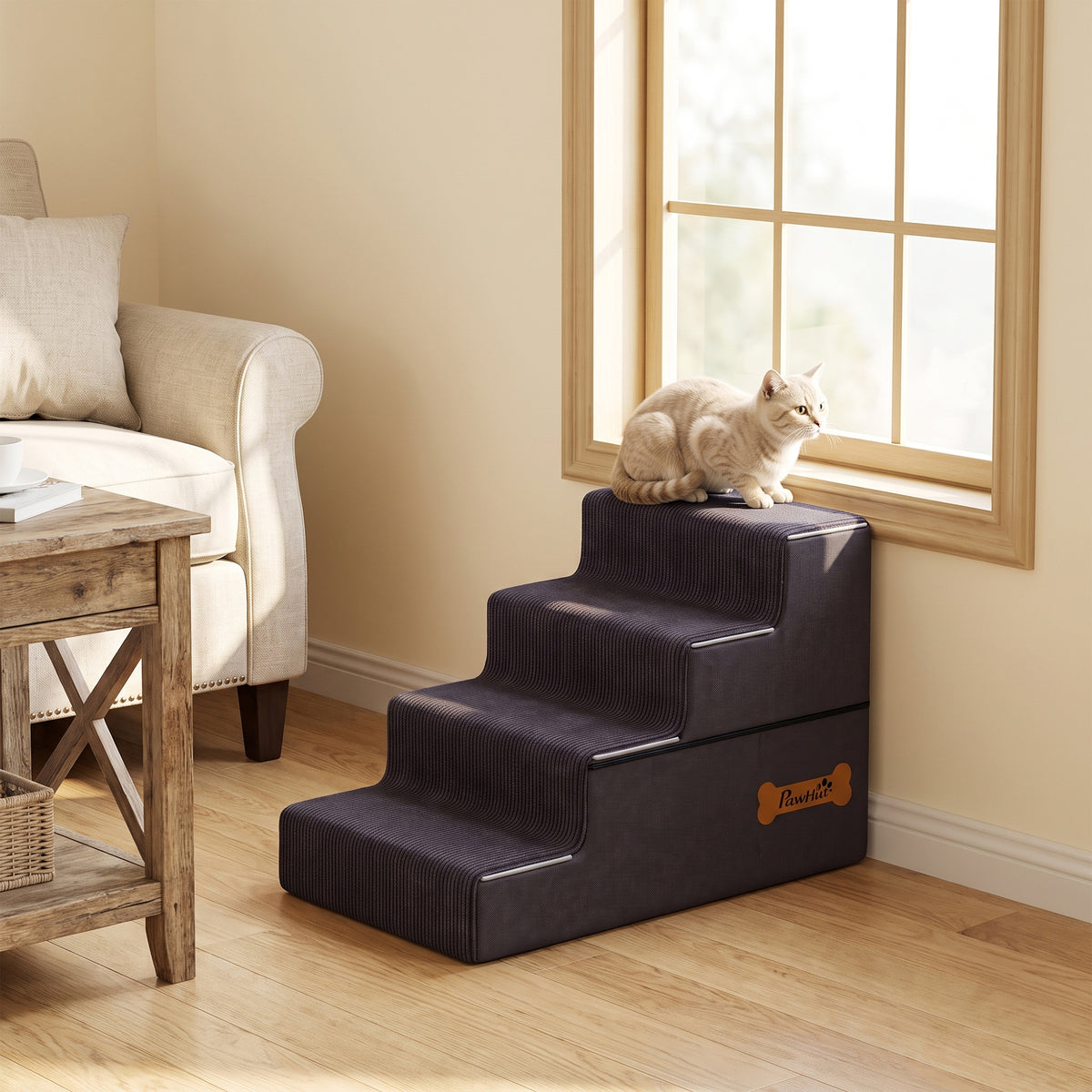 PawHut Dog Steps, 4-Step Dog Stairs for Bed and Sofa, Pet Stairs with Carry Handle, Washable Cover
