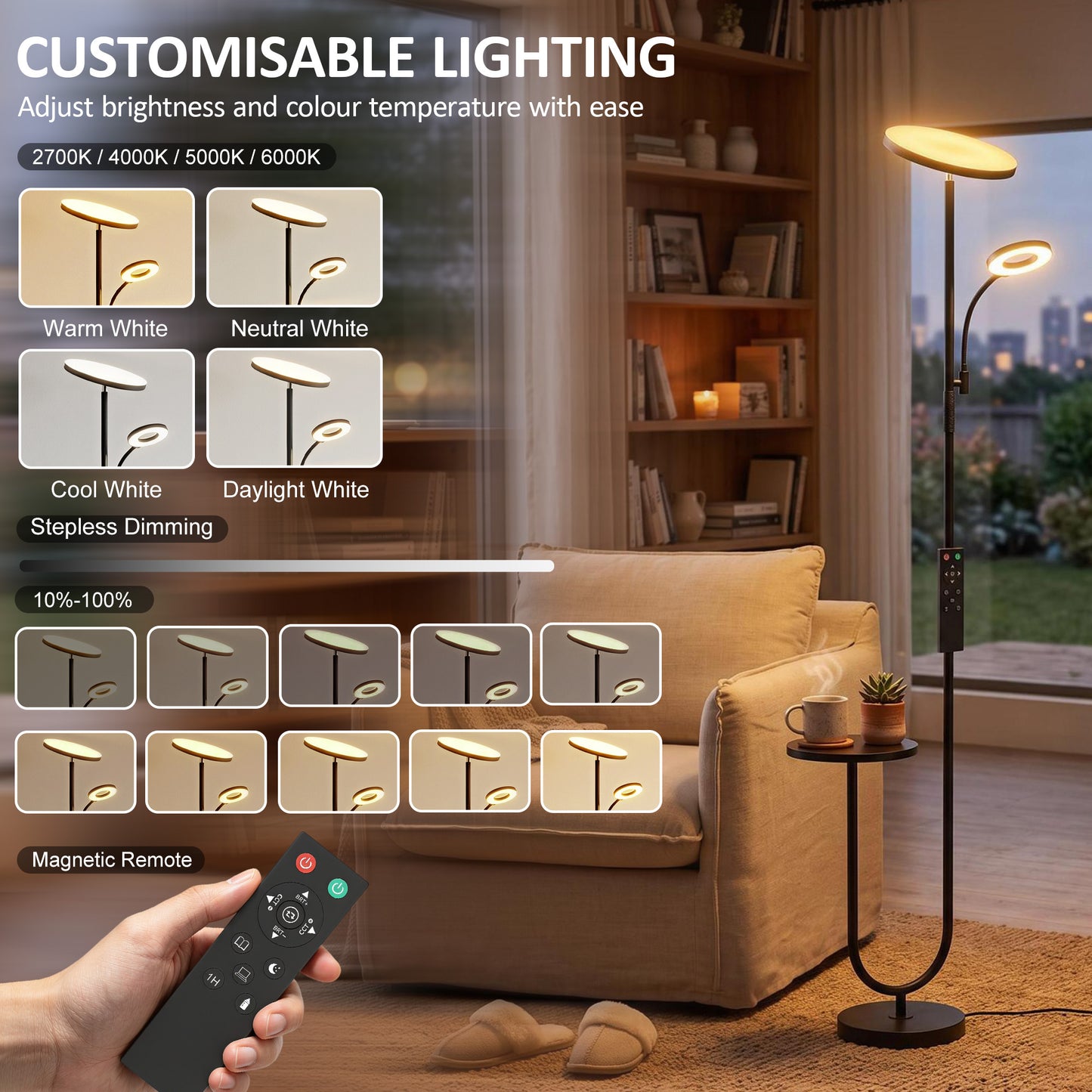 HOMCOM Uplighter Floor Lamp with Table and Reading Light, Dual Light Dimmable Standing Lamp with Remote & 4 Colour Temperatures
