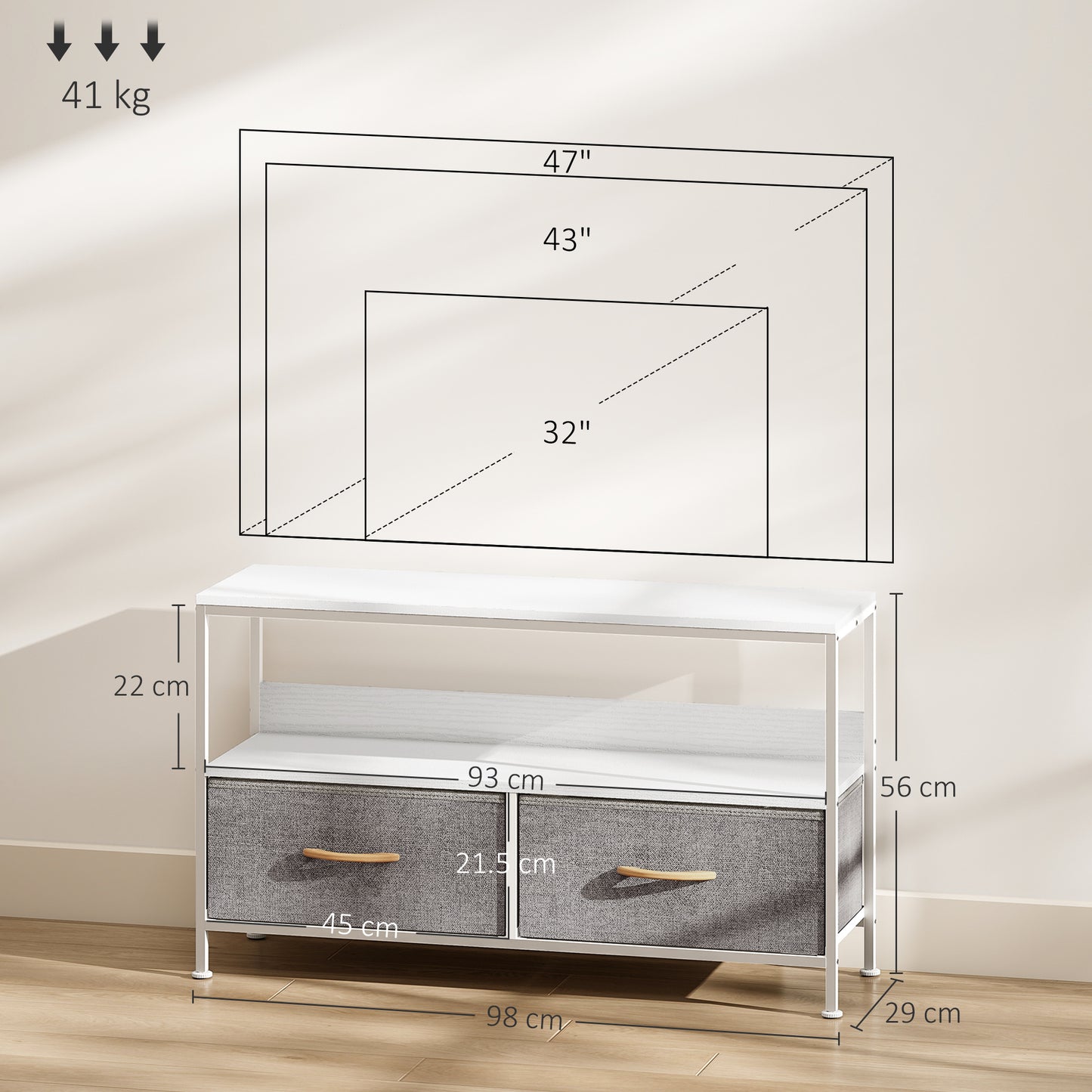 HOMCOM TV Stand Cabinet with 2 Foldable Drawers - White