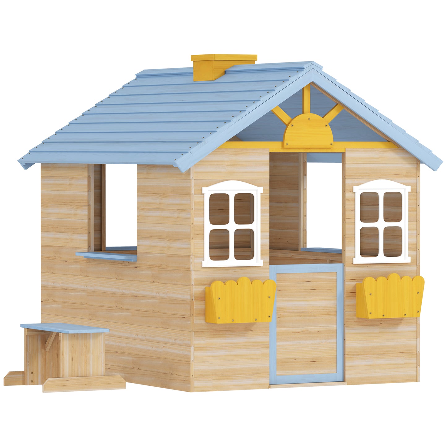 Outsunny Wooden Playhouse, Wendy House with Door, Bench, Flowerpot Holder, for Ages 3-7 Years, Blue Default Title