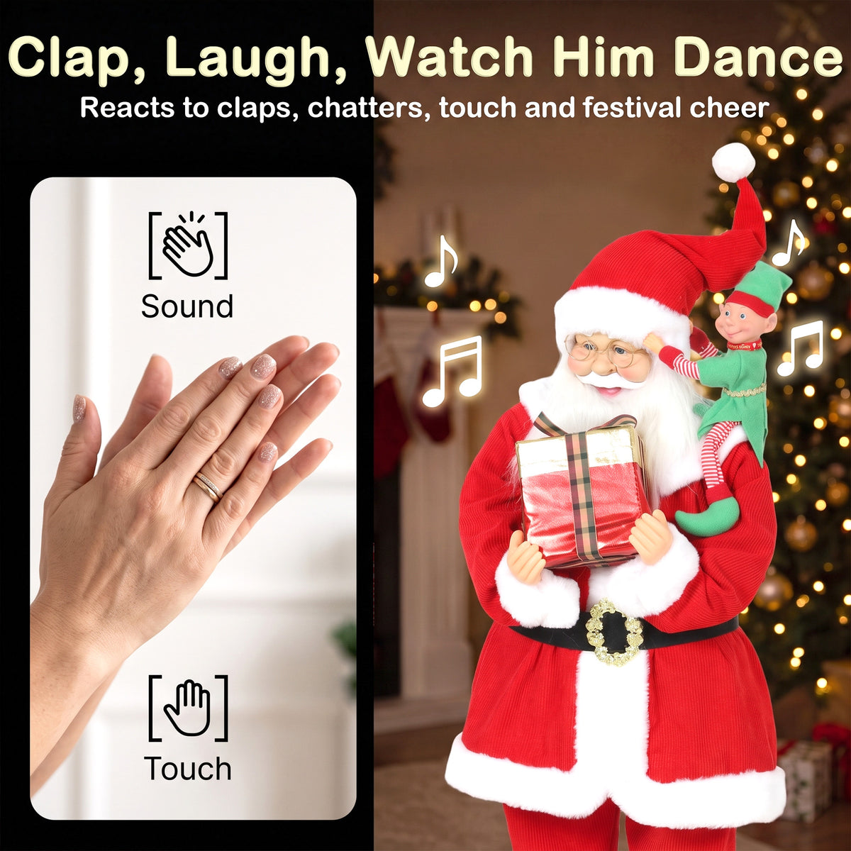 HOMCOM 4ft Singing Dancing Santa Claus, Standing Christmas Animated Santa Figure with Elf, Gift Box, Sound/Touch Activated