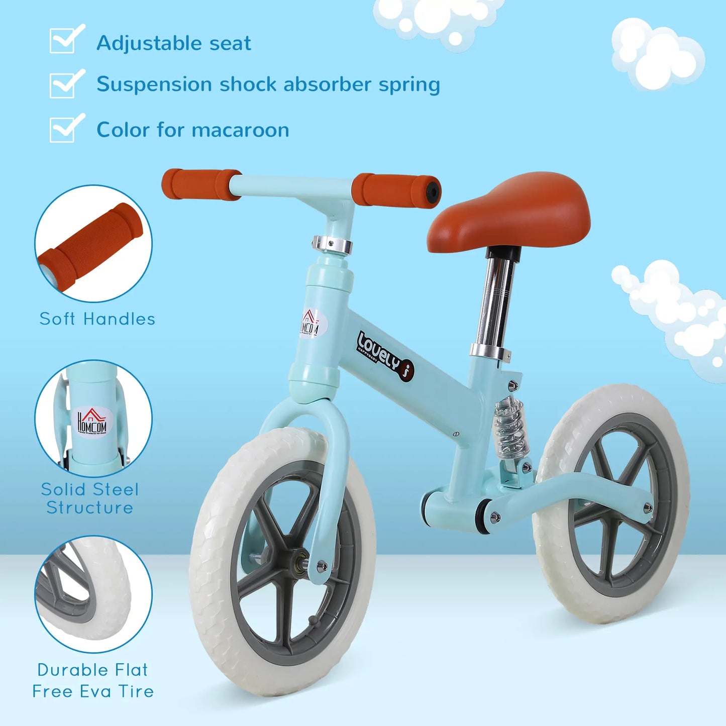 12" Kids Balance Bike No Pedal Bicycle EVA Tire Adjustable Seat Toddler Training Bike W/ Shock Absorber 2 - 5 Years Gift for Boys Girls Blue