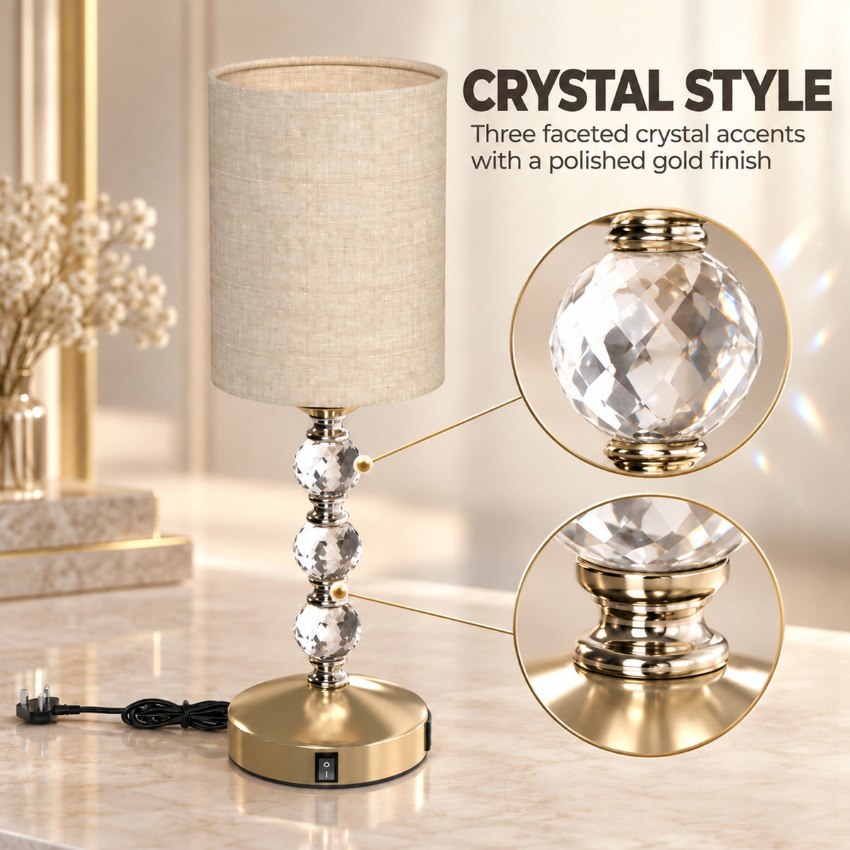 HOMCOM Bedside Lamp, Modern Crystal Decoration Table Lamp with PVC shade, USB A+C Charging Ports, Bulb Not Included, Gold Tone