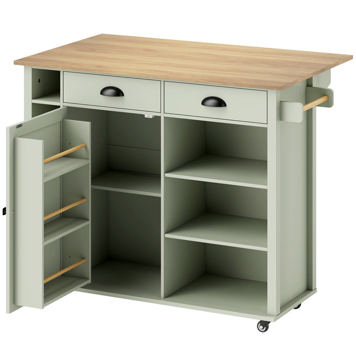 HOMCOM Kitchen Island with Drop Leaf Tabletop Kitchen Island on Wheels Storage Cabinet Shelf Trolley Light Green Default Title