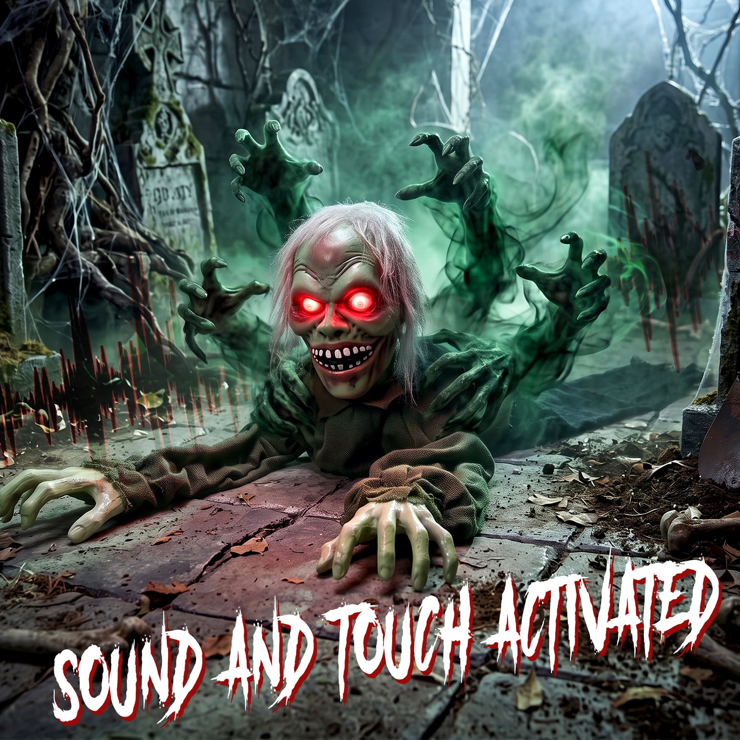 HOMCOM Halloween Decoration Halloween Animatronic Crawling Zombie with Light-Up Eyes and Creepy Sound