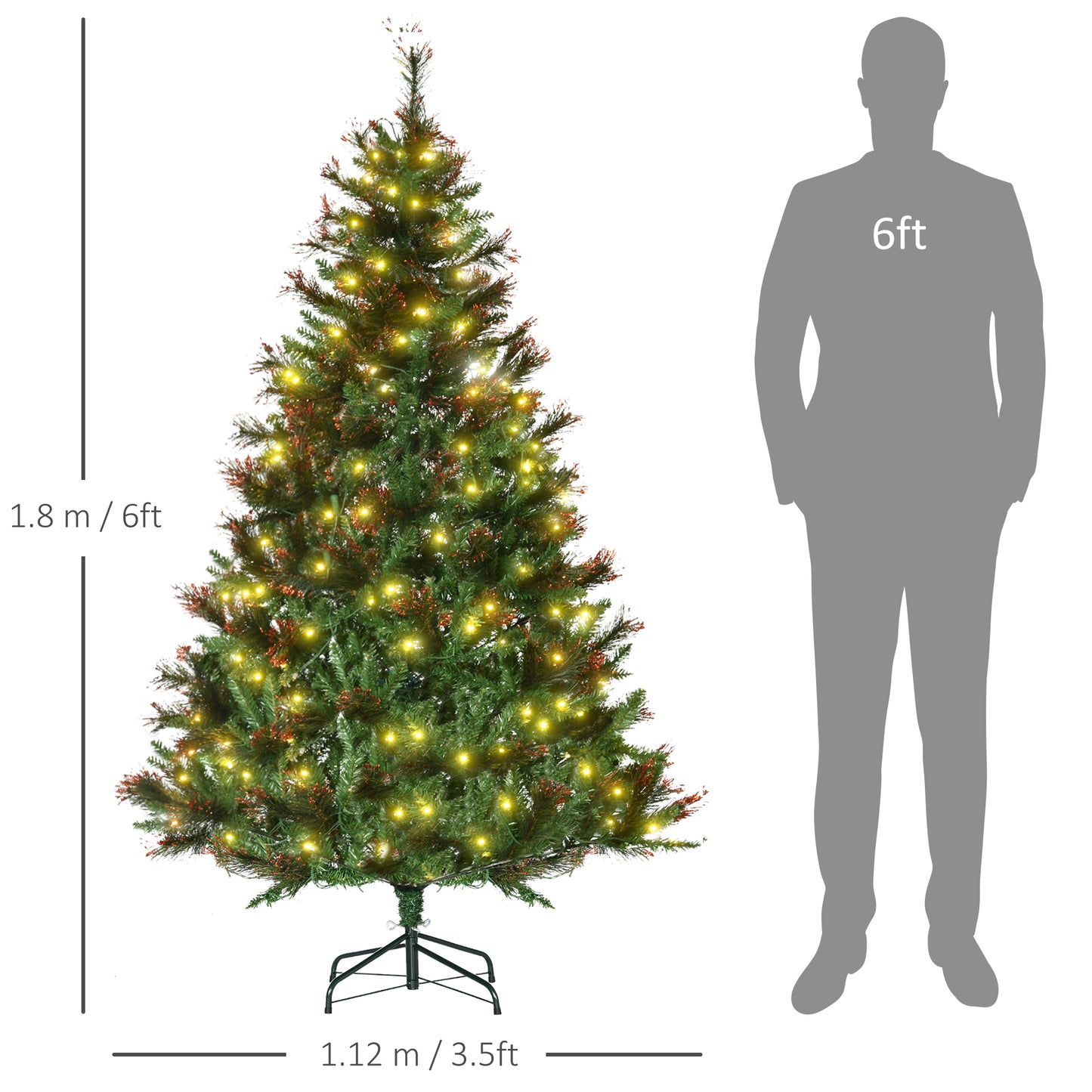 HOMCOM 1.8m 6ft Pre-Lit Christmas Tree Artificial Spruce Xmas Tree Warm White LED Holiday DÃ©cor with Metal Stand