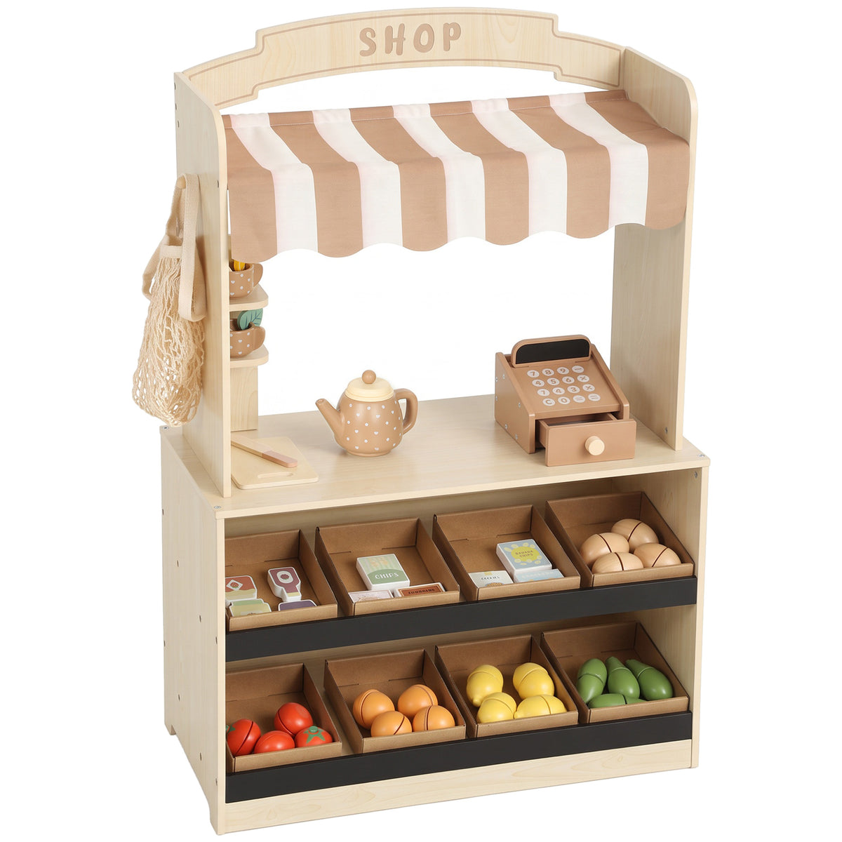 AIYAPLAY Pretend Play Shop, Wooden Kids Grocery Store Playset with Play Food, Cash Register, Chalkboard, 61 Accessories for 3-8 Default Title