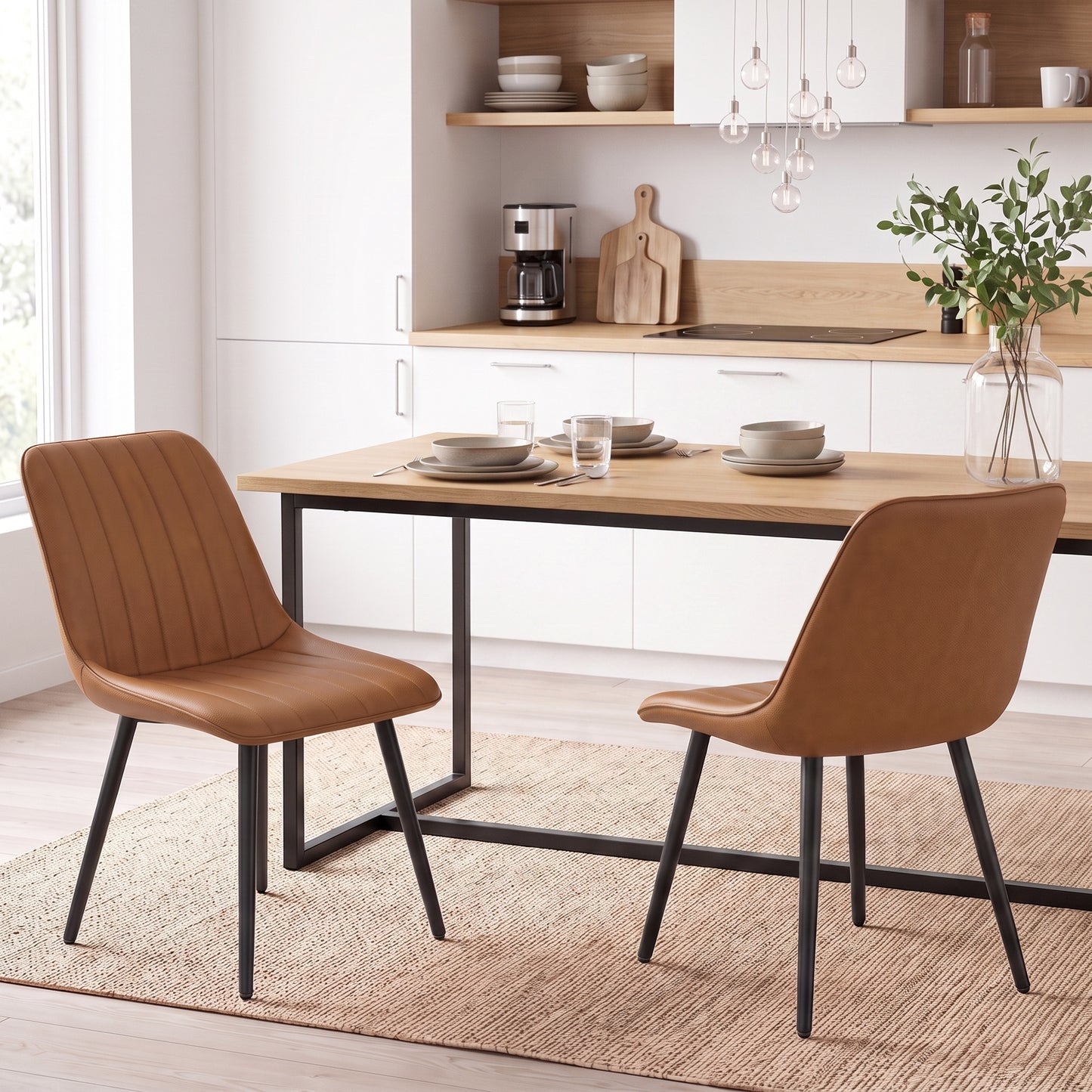 HOMCOM Faux Leather Upholstered Kitchen Chairs, Modern Dining Chairs Set of 2 with Metal Legs for Dining Room, Brown