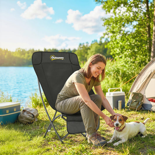 Outsunny Camping Chair for Adults Heavy Duty Folding Camp Chair with Side Pocket and Carry Bag Black
