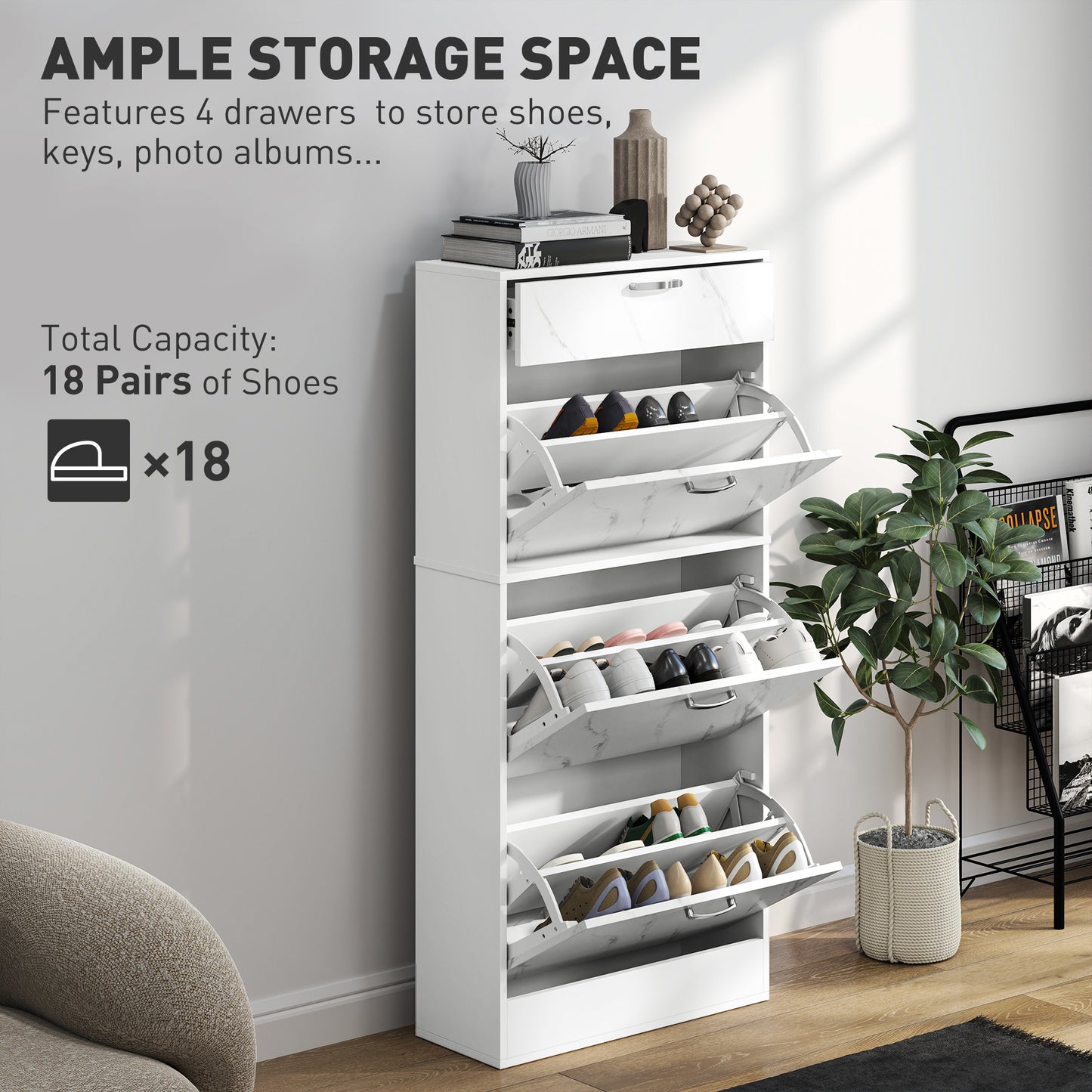 HOMCOM Marble Shoe Storage Cabinet with 3 Flip Drawers, Hallway Cabinet with Top Drawer and Adjustable Shelves, Shoe Cupboard for 18 Pairs, White