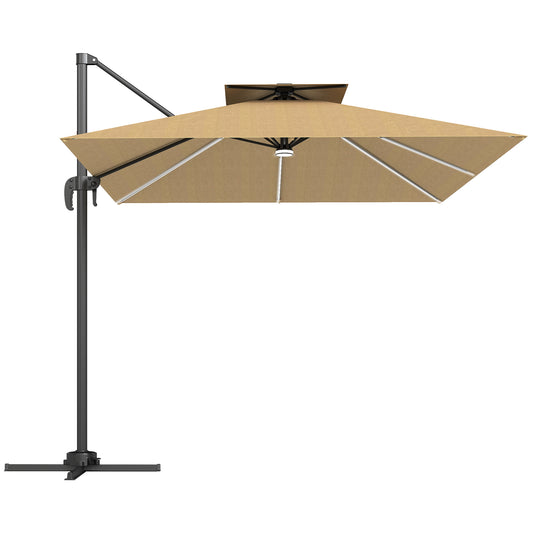 Outsunny 2.5m Cantilever Parasol with Solar Powered LED Lights, 360Â° Rotation, Tilt Adjustment, Crank Handle, Khaki