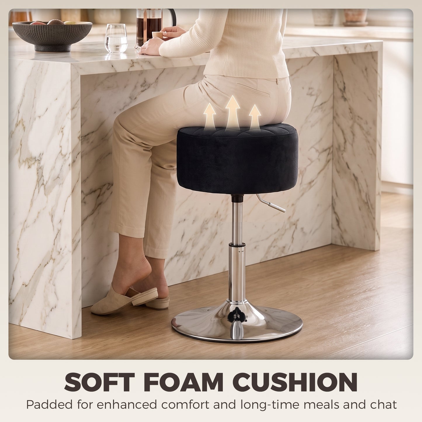HOMCOM Bar Stool Adjustable Swivel Chair Velvet-Feel Seat 1 Piece, Black