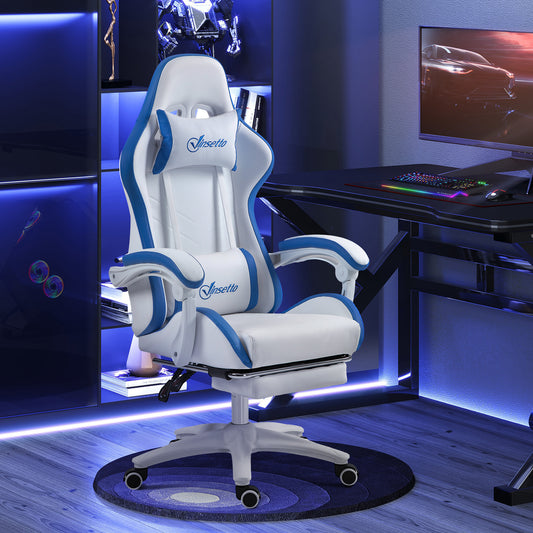 Vinsetto Computer Gaming Chair, PU Leather Office Desk Chair with Footrest, Swivel Wheels, 135Â° Reclining Back, Lumbar Support, Headrest for Home, White and Blue