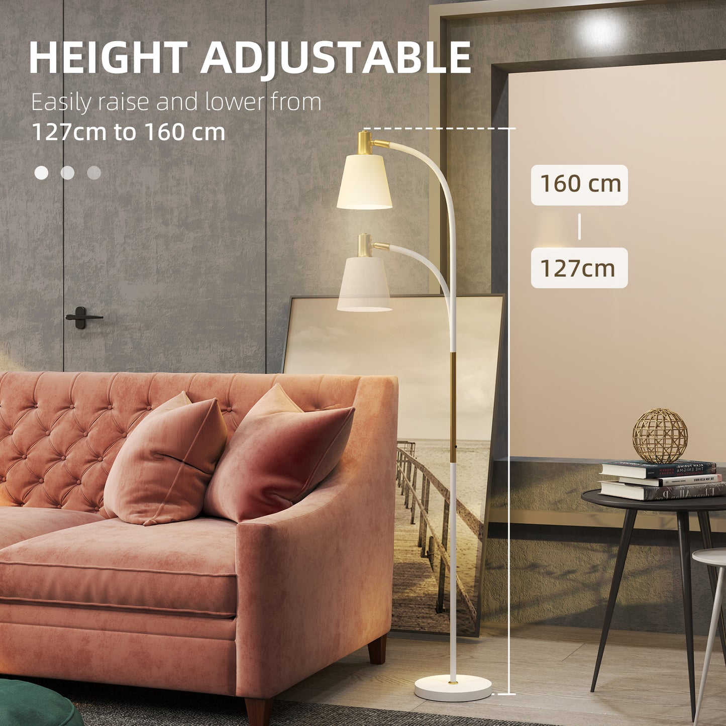 HOMCOM Floor Lamp for Living Room, Spotlight Reading Standing Lamp with Adjustable Height, Rocker on/off Switch, Indoor Task Lighting for Bedroom, Office,  White (Bulb not Included)