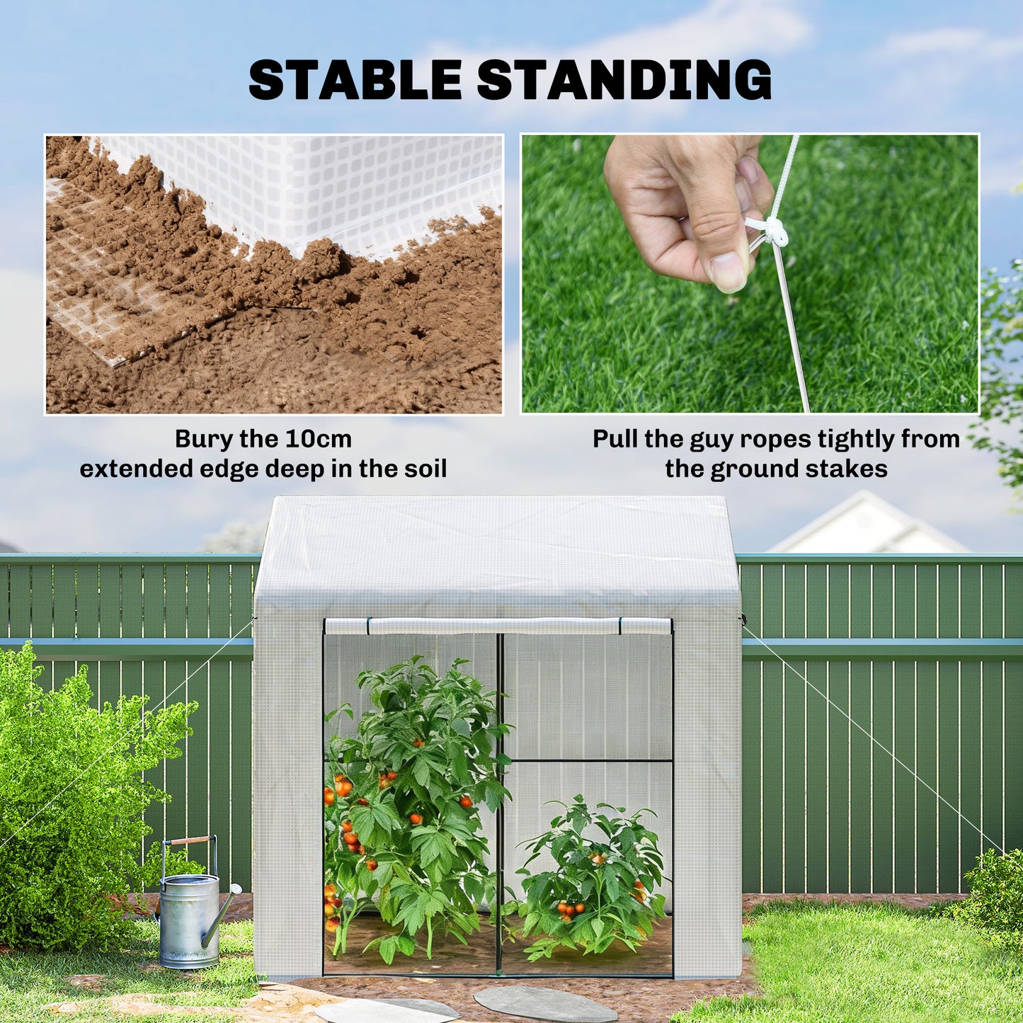 Outsunny Walk-in Greenhouse, Outdoor Tomato Greenhouse with Roll-up Door and Mesh Windows, PE Cover, 200 x 140 x 200cm, White