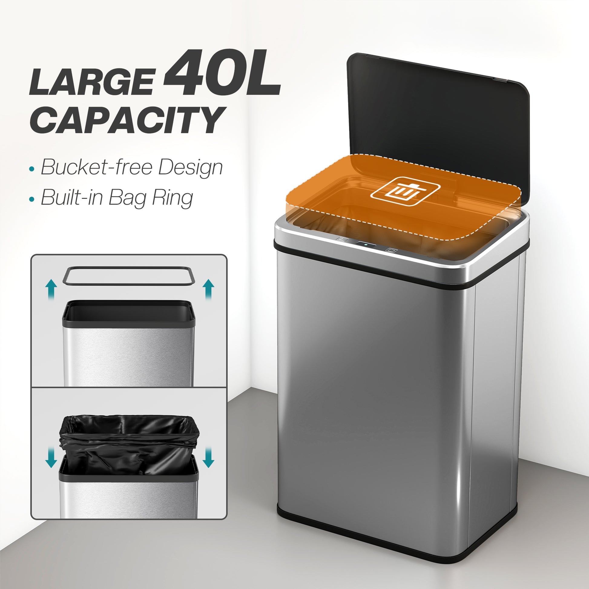 HOMCOM 40L Sensor Bin with Soft-Close Lid, Stainless Steel Automatic Touchless Motion Sensor Kitchen Bin, Silver Tone