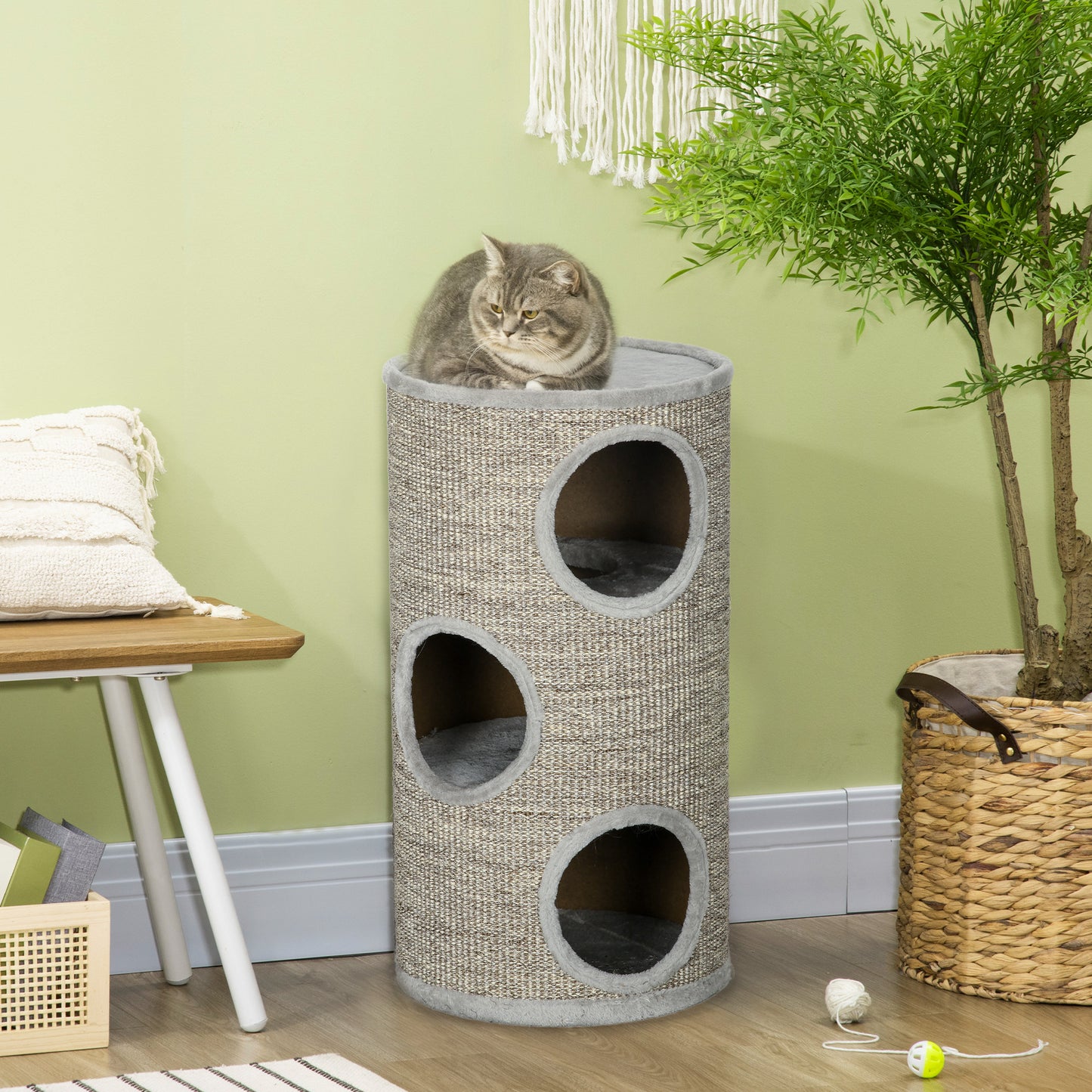 PawHut Cat Climbing Frame, Covered with Sisal, Cosy Platform - Light Grey