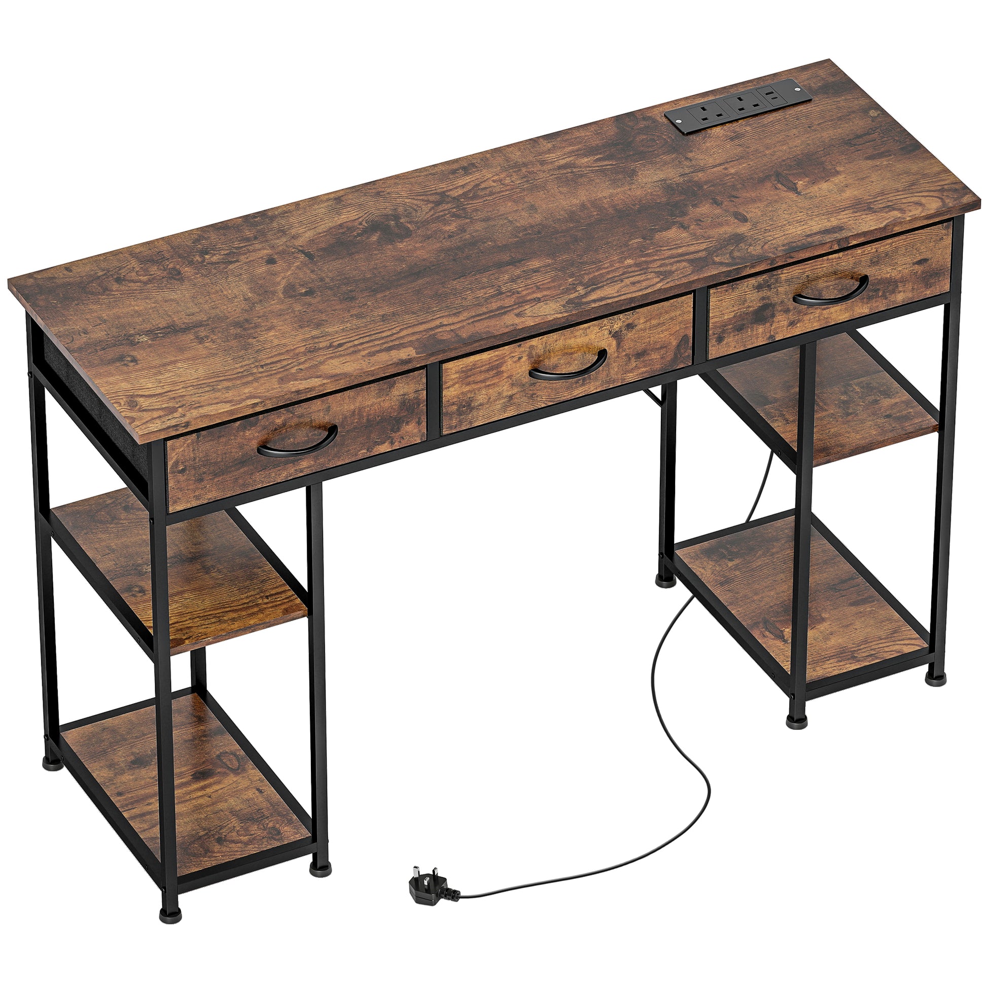 HOMCOM 120cm Computer Desk with Power Outlets, Office Desk Study Table with Fabric Drawers and Storage Shelves, Rustic Brown