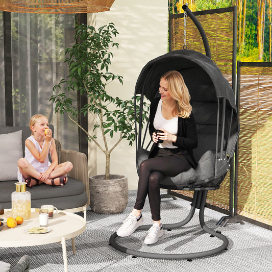 Outsunny Hanging Egg Chair Swing Hammock Chair with Stand, Cushion and Retractable Canopy, for Indoor and Outdoor, Grey