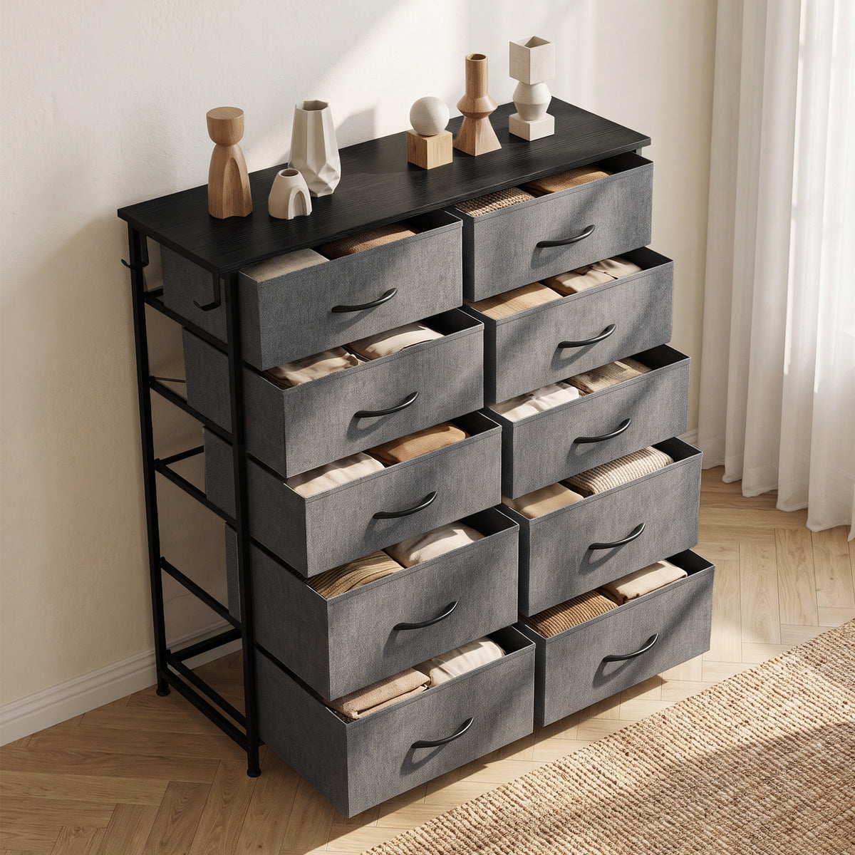 HOMCOM Chest of Drawers, Dresser with 10 Fabric Drawers, Tall Storage Unit with 4 Pockets and 2 Hooks Steel Frame, Grey
