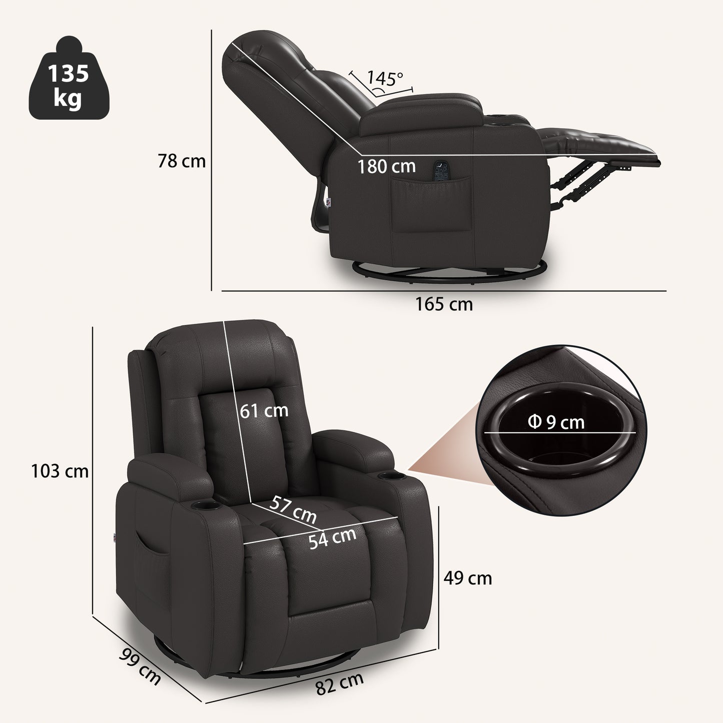HOMCOM PU Leather Recliner Chair, Recliner Armchair with Extended Footrest, Cup Holders and Side Pockets, Dark Brown