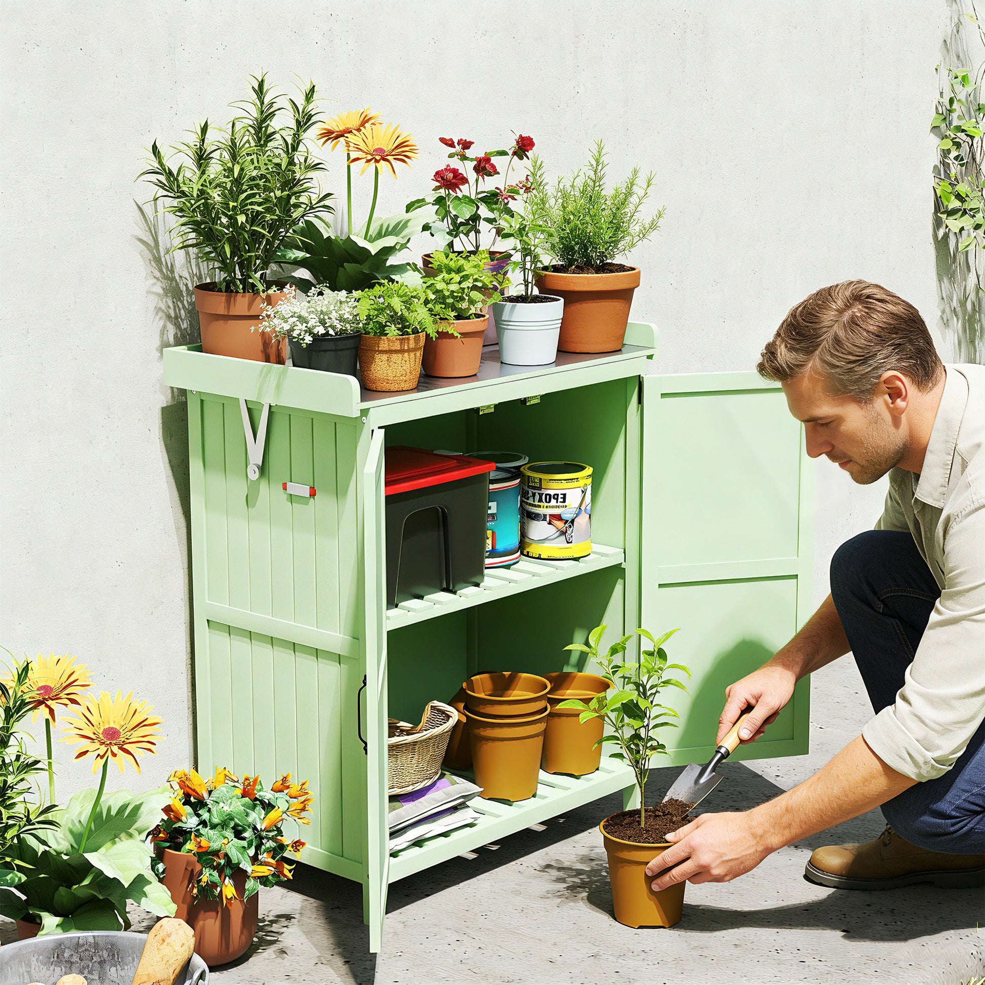 Outsunny Wooden Garden Shed, Garden Tool Storage Shed with Hinged Roof and Shelf, Outdoor Storage Cabinet with Double Doors, Light Green