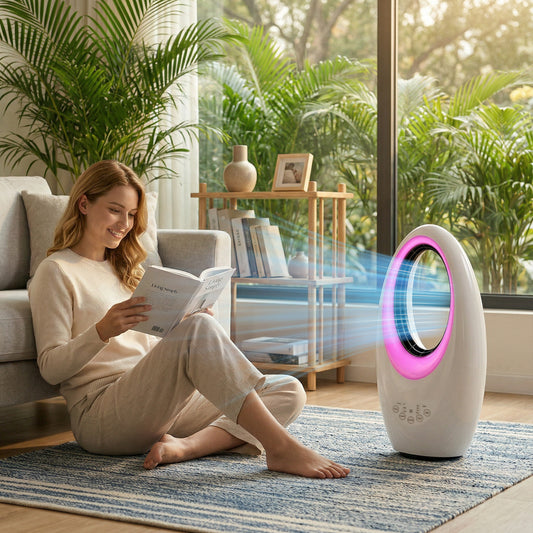 HOMCOM Bladeless Tower Fan, 36dB Standing Cooling Fan with 60Â° Oscillating, LED Lights, 3 Speeds, 7.5H Timer, Remote Control