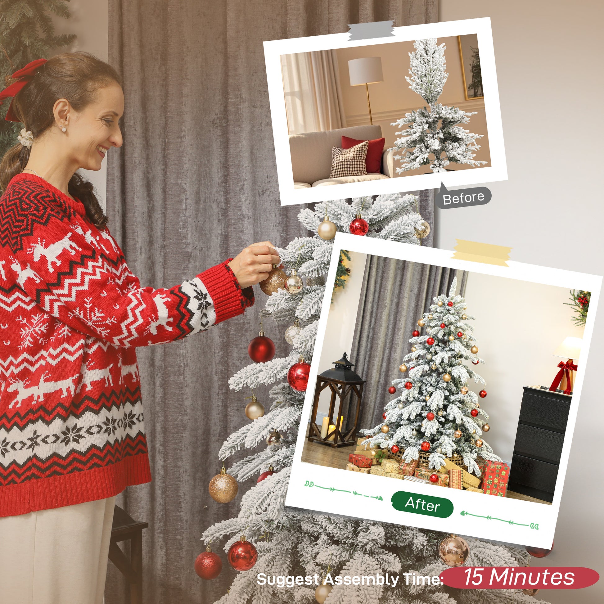 HOMCOM 5ft Super Flocked Christmas Tree - Green/White