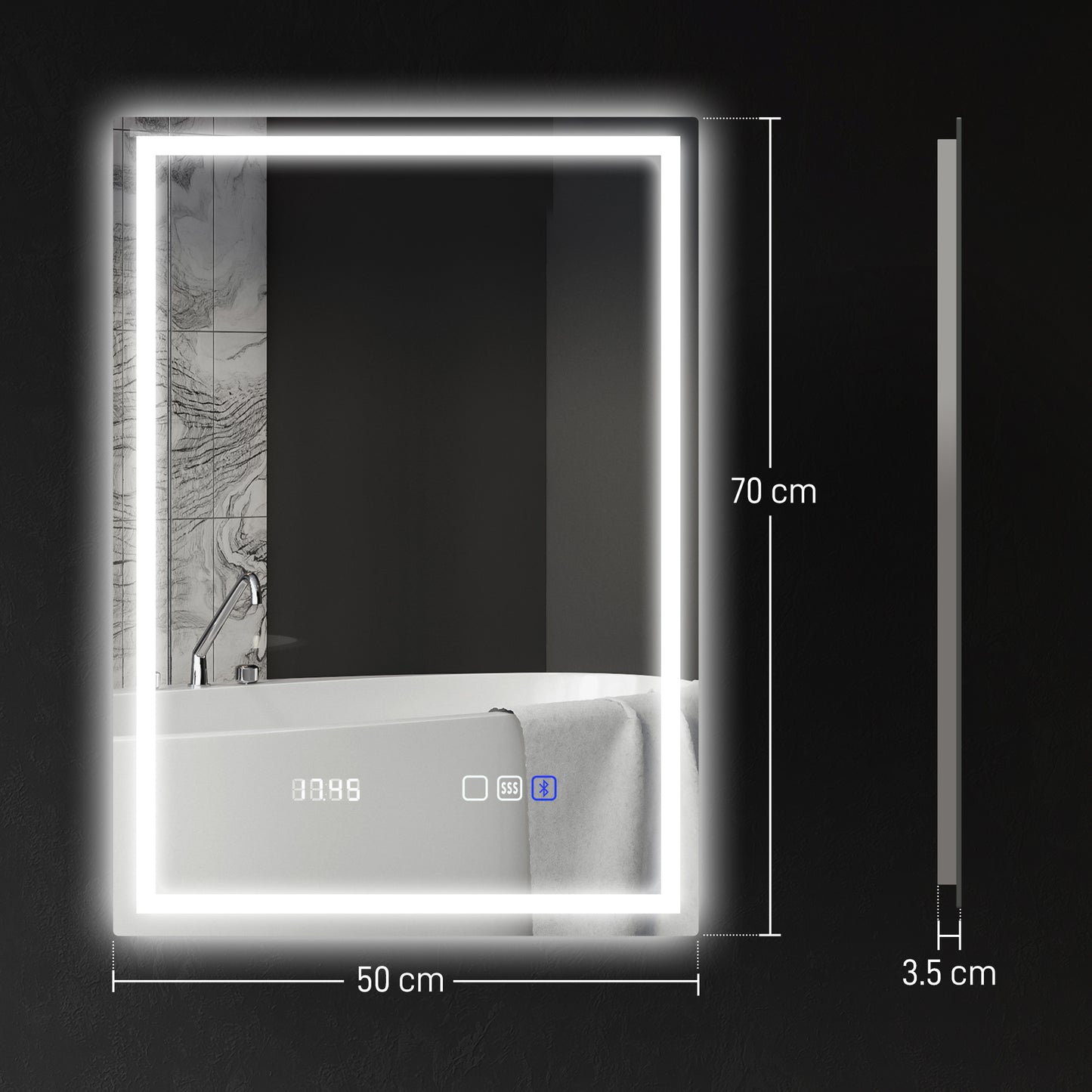 HOMCOM 50 x 70 cm Anti-Fog LED Bathroom Mirror, with Bluetooth and Clock - Silver Tone