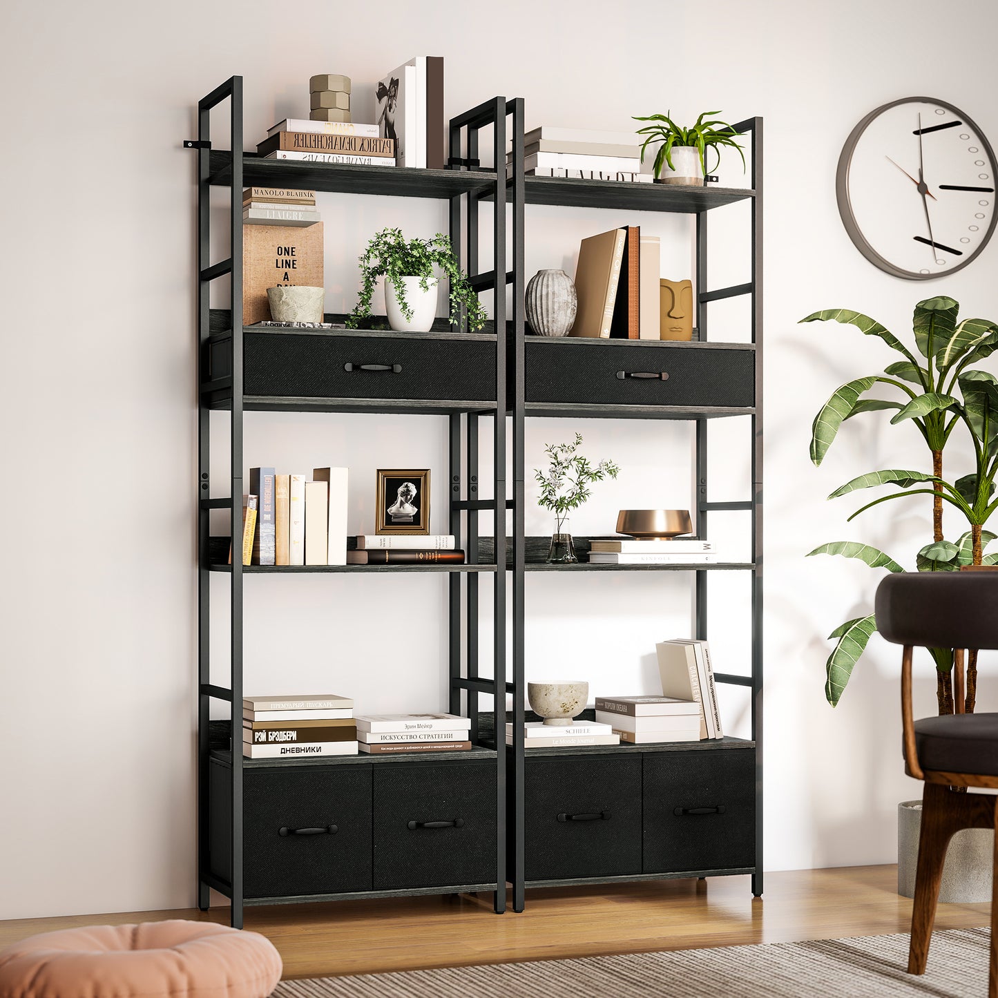 HOMCOM Industrial Style Bookcase, with 4 Shelves and 3 Fabric Drawers - Grey/Black
