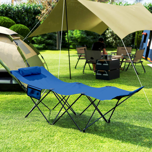 Outsunny Camping Bed for Adults, Single Folding Camp Bed, Portable Camping Cot with Side Pocket, Headrest and Oxford Seat for Outdoor, Travel, Fishing, Dark Blue