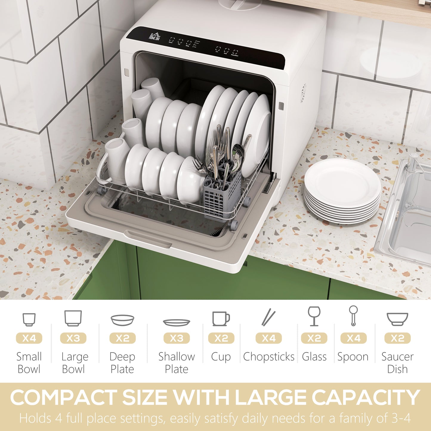 HOMCOM Table Top Dishwasher with 6L Water Tank, Mini Countertop Dishwasher with 6 Programs, 4 Place Settings, Black and White