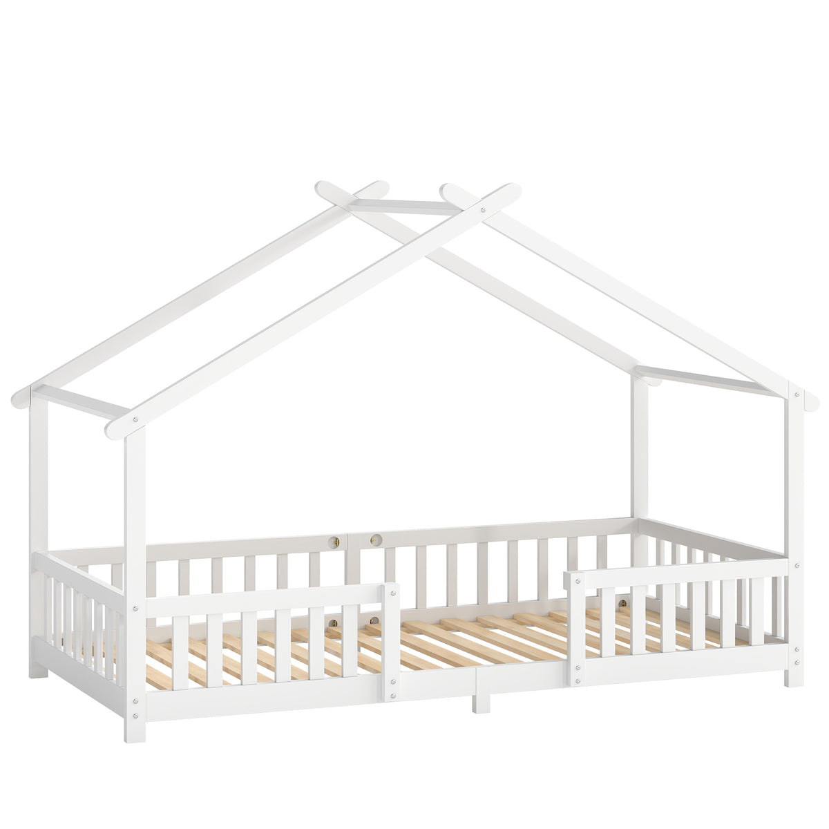 AIYAPLAY Wooden Kids House Single Bed Frame, Solid Pine Wood Toddler Bed with Dual Guardrails for Children, Boys, Girls, White