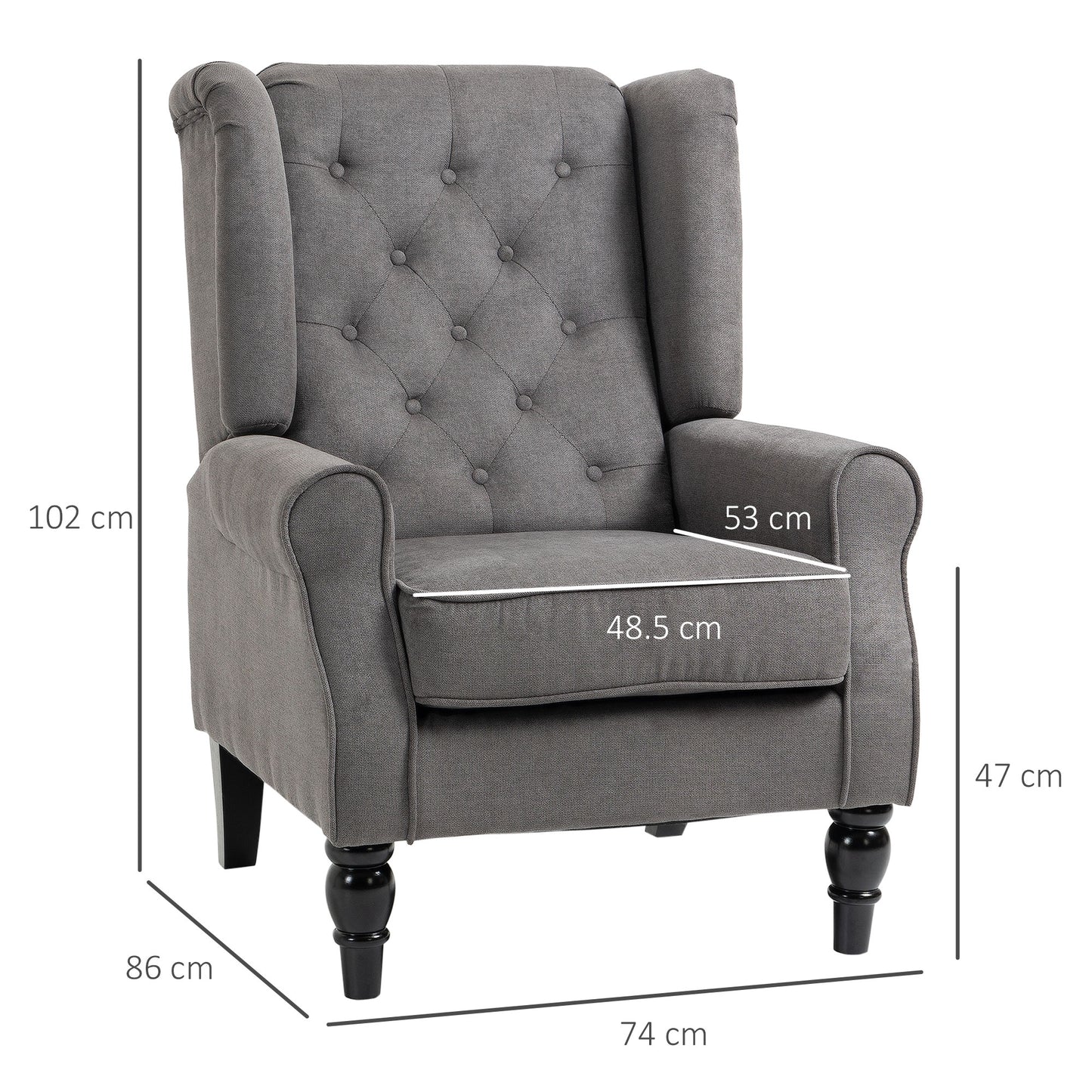 HOMCOM Retro Accent Chair, Linen Wingback Armchair with Wood Frame Button Tufted Design for Living Room Bedroom, Dark Grey