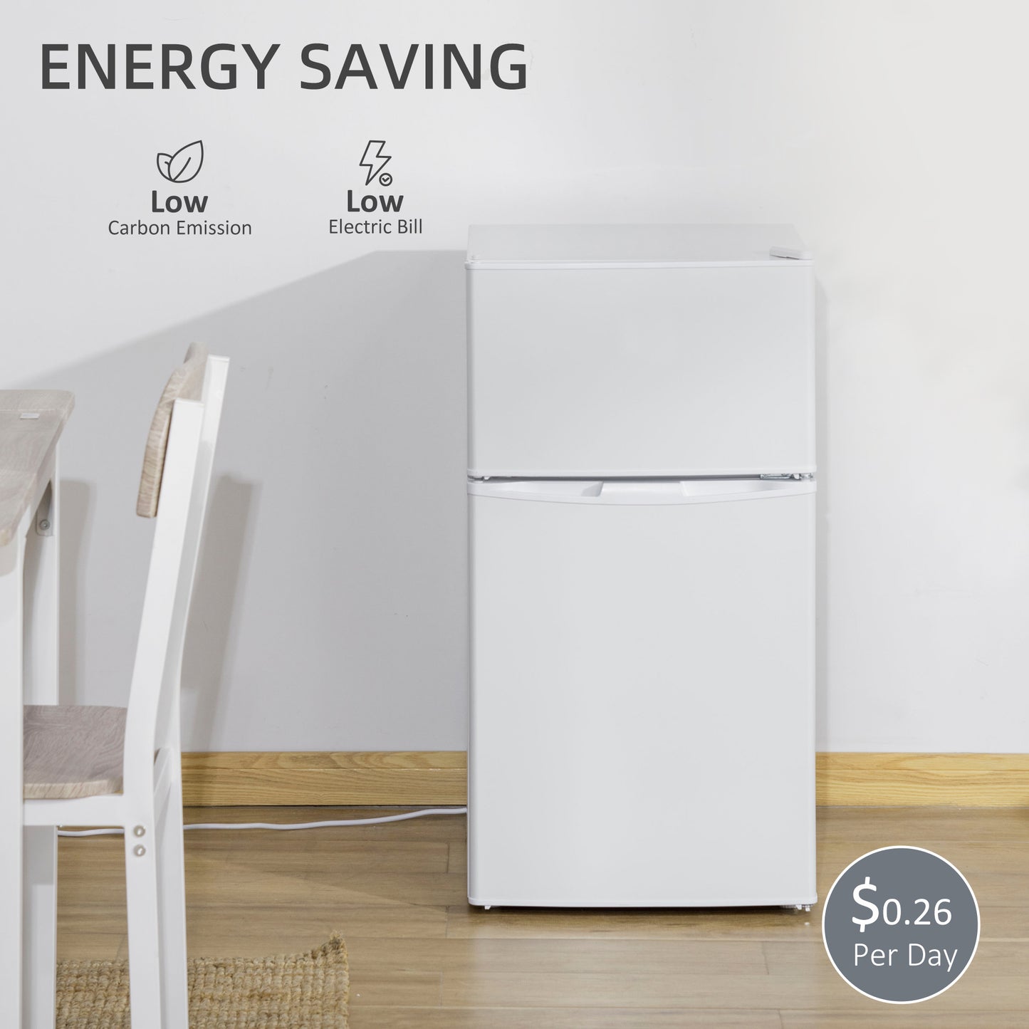 HOMCOM 88L Under Counter Fridge Freezer, Small Refrigerator with 5-Setting, 3 Star Freezer Rating, White