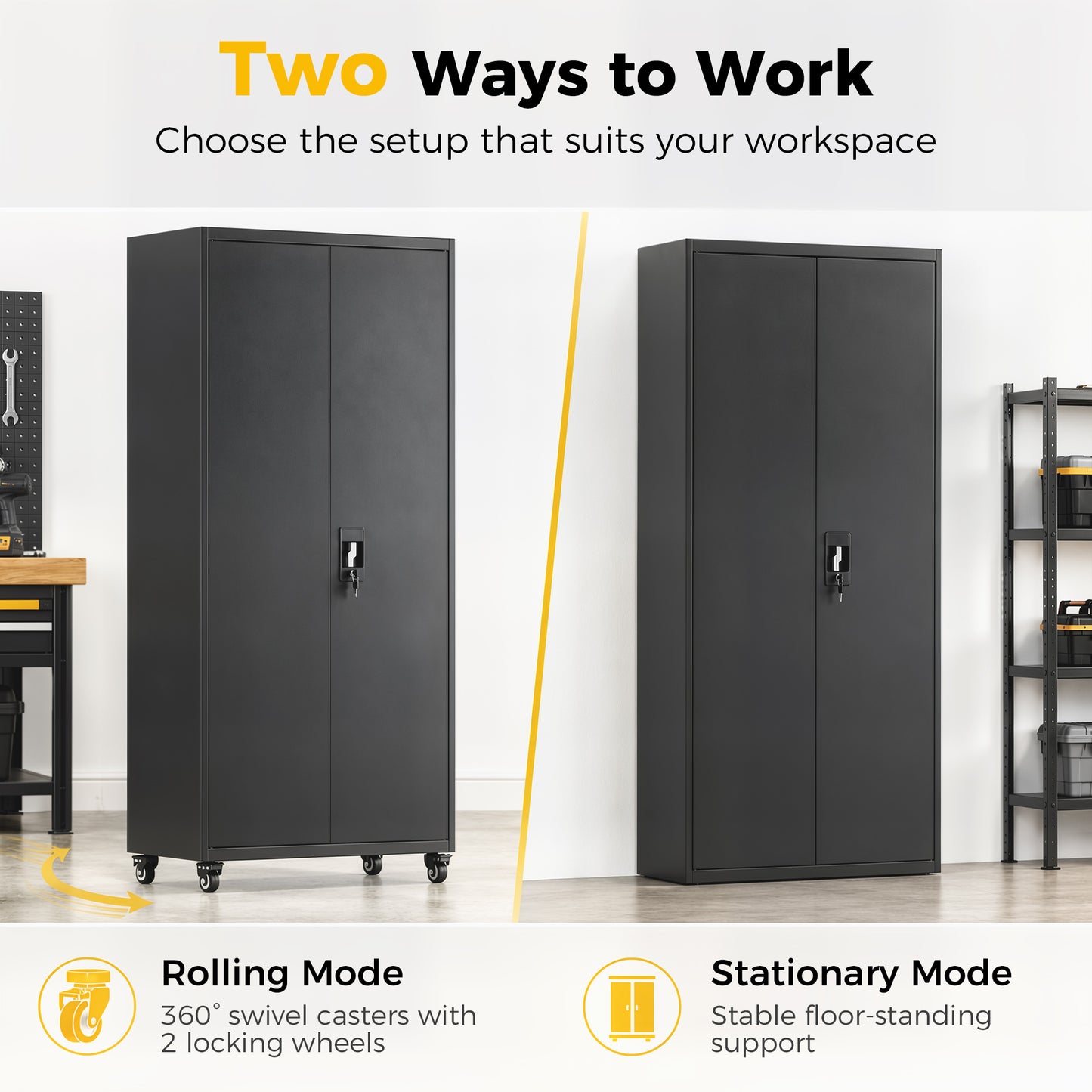 HOMCOM Metal Storage Cabinet, 180 cm Tall Lockable Steel Tool Cabinet with Removable Wheels and Adjustable Shelves, Black