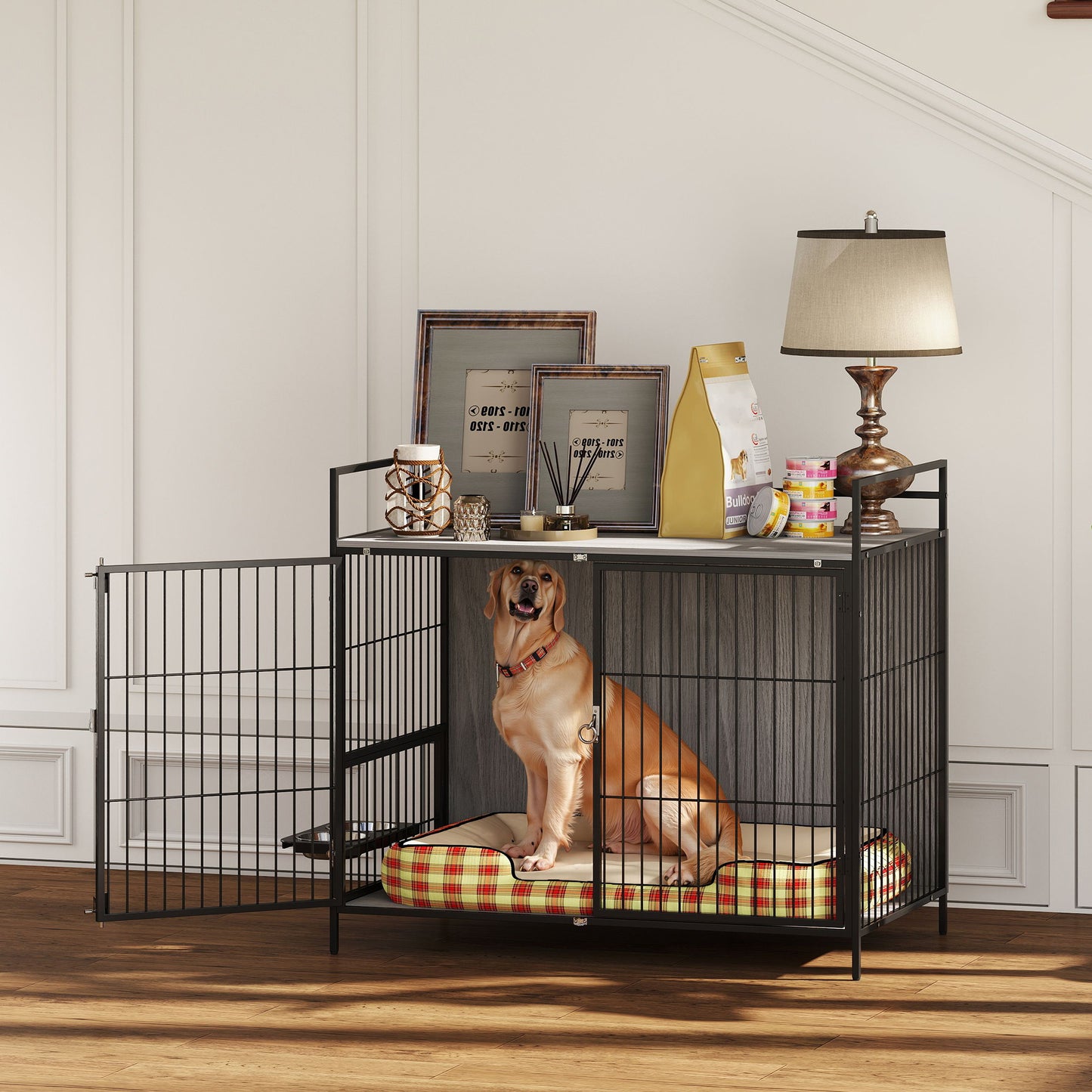 PawHut Large Dog Crate Furniture with Rotating Bowl Holder, 2 Bowls, 2 Doors, for Large Dogs, 100 x 60 x 88 cm, Grey