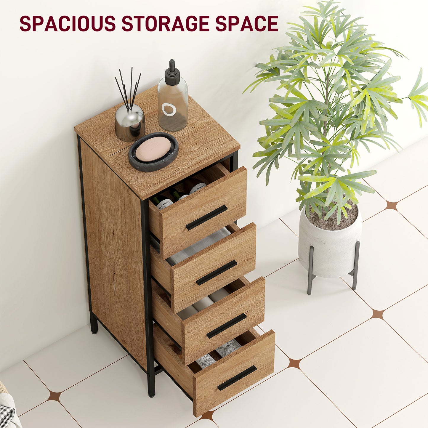 HOMCOM Narrow Bathroom Storage Cabinet with 4 Drawers - Oak