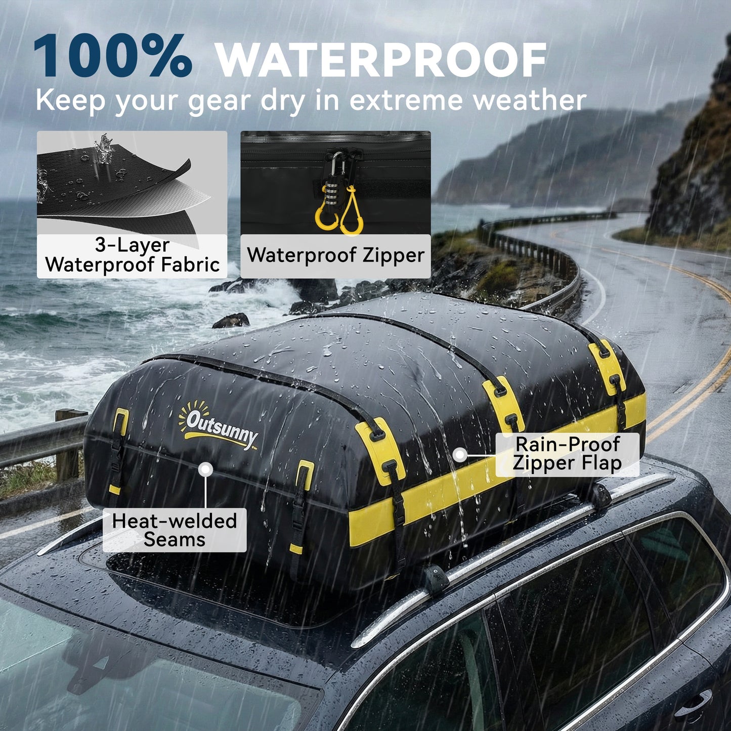 Outsunny Car Roof Bag, 21 Cubic Feet Waterproof Soft Car Roof Box Roofing Cargo Carrier w/ Reflective Arrows, Door Hooks, Yellow