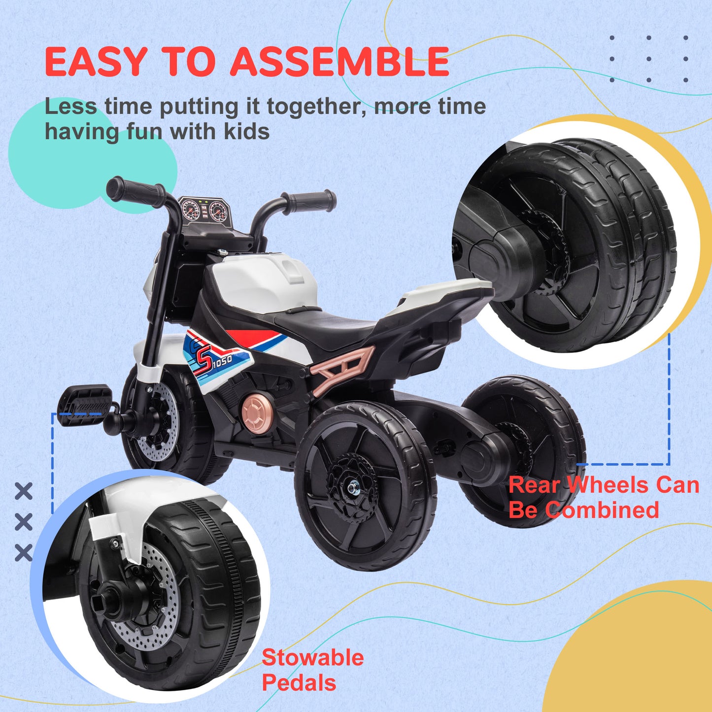 AIYAPLAY Motorcycle Design, 3 in 1 Toddler Trike, Sliding Car, Balance Bike with toy safety light, Music, Horn, White