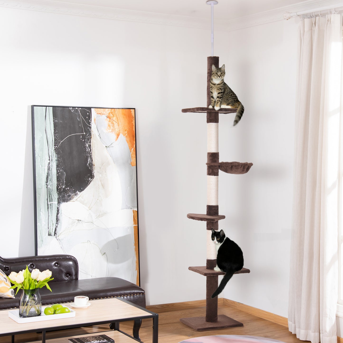 PawHut Floor to Ceiling Cat Tree Height Adjustable 230-260cm, 5-Tier Cat Tower with Scratching Post, Hammock, Perches, Climbing Activity Centre for Indoor Kittens, Brown