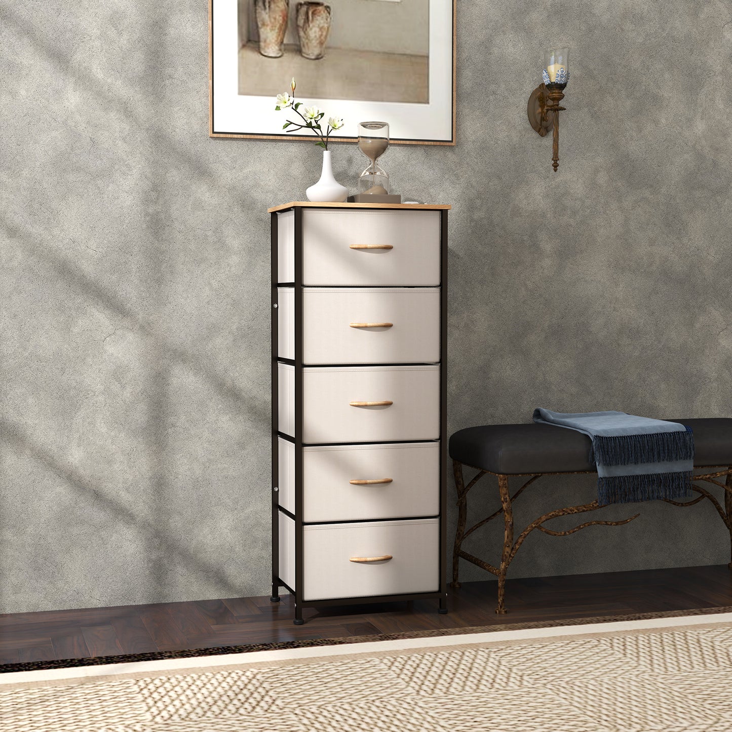 HOMCOM Fabric Chest of Drawers, Industrial Bedroom Dresser with 5 Fabric Drawers, Steel Frame and Wooden Top for Nursery, Living Room, Hallway, Cream White
