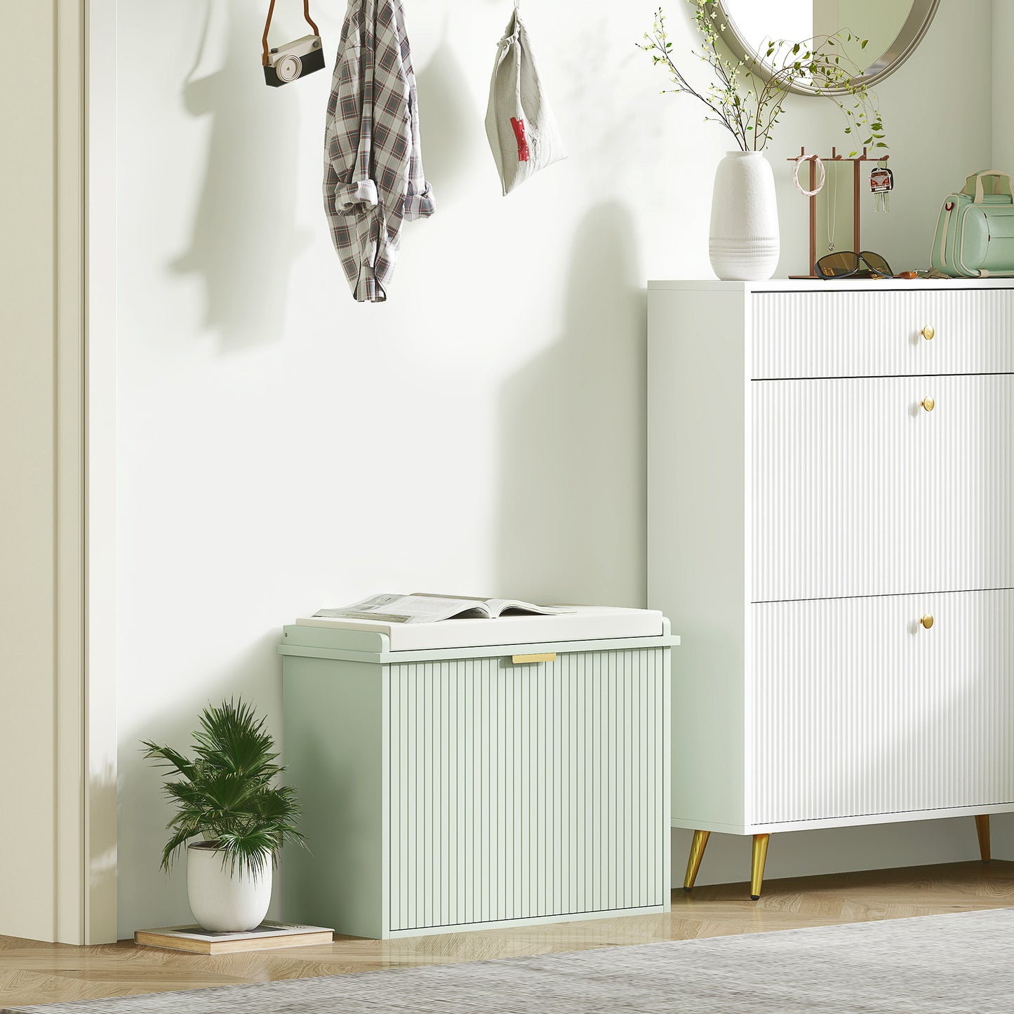 HOMCOM Elegant Six Shoe Bench, with Top Seat - Green